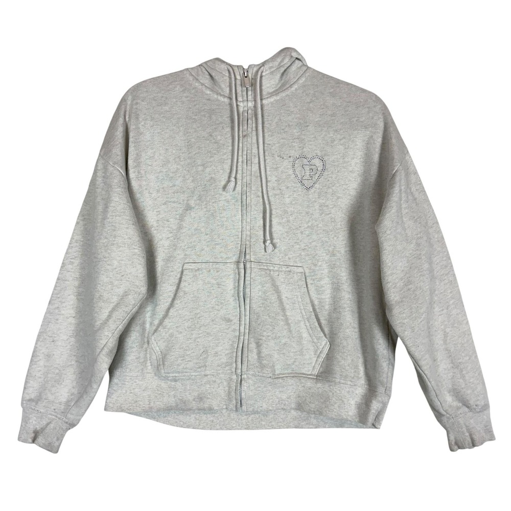PINK Victoria's Secret Hoodie Womens XS Gray Full Zip Fleece Rhinestone Heart